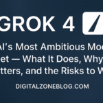 Grok 4 article banner featuring bold title, subheading about xAI’s most ambitious model on a dark blue gradient background