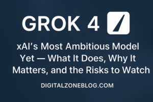 Grok 4 article banner featuring bold title, subheading about xAI’s most ambitious model on a dark blue gradient background