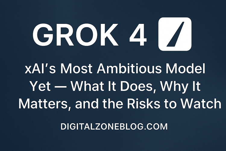 Grok 4 article banner featuring bold title, subheading about xAI’s most ambitious model on a dark blue gradient background