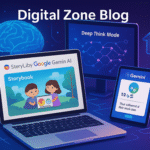 Illustration of a person using Google Gemini AI at a digital workspace, surrounded by icons representing AI features like Storybook, Guided Learning, and Deep Think, with ‘Digital Zone Blog’ title at the top.
