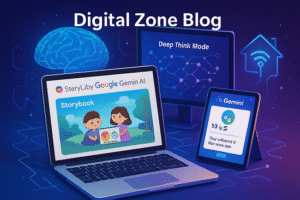 Illustration of a person using Google Gemini AI at a digital workspace, surrounded by icons representing AI features like Storybook, Guided Learning, and Deep Think, with ‘Digital Zone Blog’ title at the top.