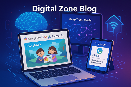 Illustration of a person using Google Gemini AI at a digital workspace, surrounded by icons representing AI features like Storybook, Guided Learning, and Deep Think, with ‘Digital Zone Blog’ title at the top.